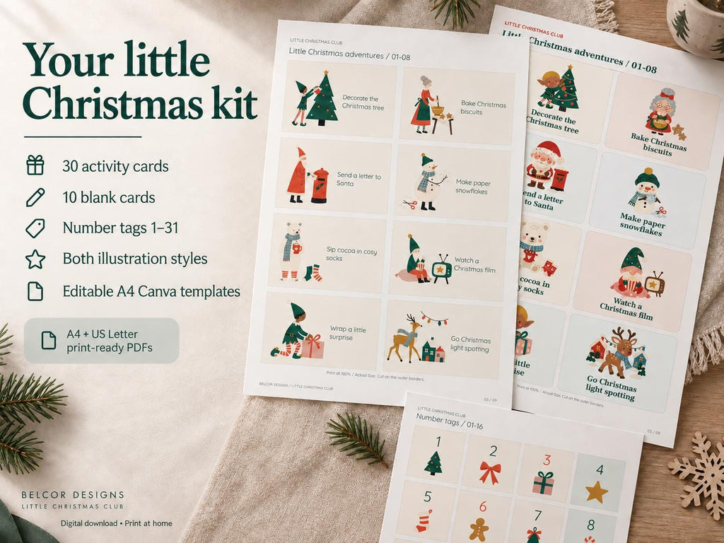 Christmas printable kit with 30 activity cards, 10 blank cards, number tags 1 to 31, two styles, Canva templates and print-ready PDFs.