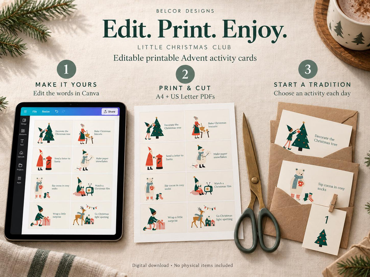 Three steps to use the printable Advent cards: edit in Canva, print and cut, then place cards in envelopes for a family countdown.