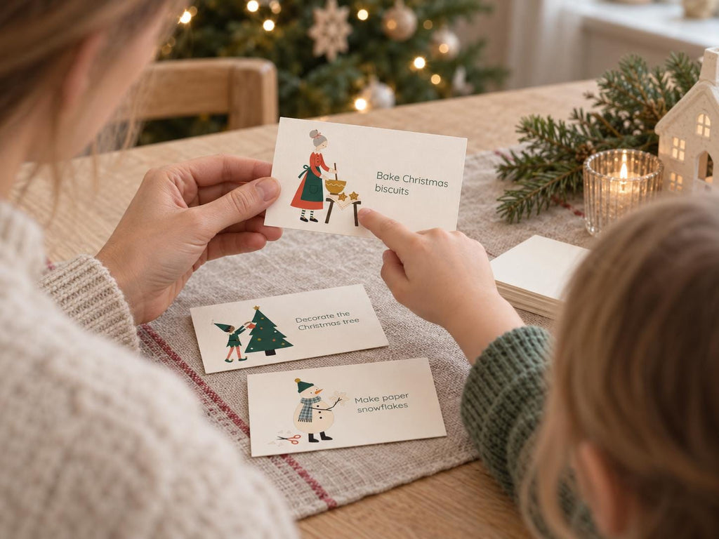 Three rectangular white cards featuring colourful holiday illustrations and text. One card shows a person baking with the text Bake Christmas biscuits, another shows decorating a tree with Decorate the Christmas tree, and the third shows a snowman with Make paper snowflakes.