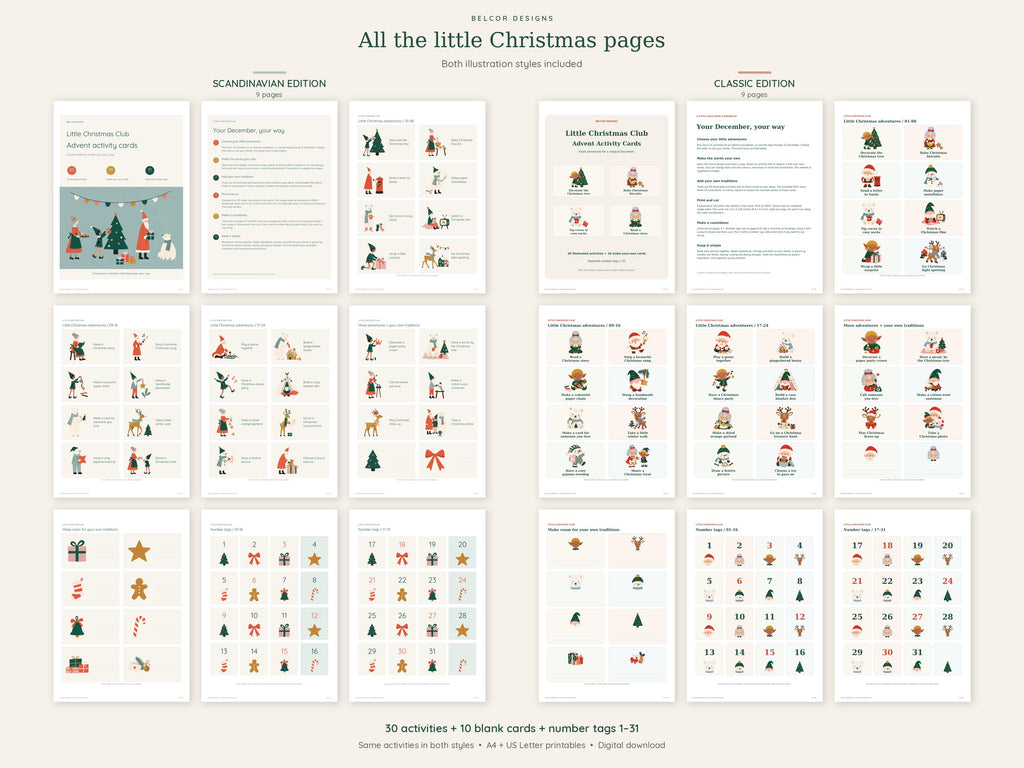 A digital download set titled All the little Christmas pages featuring Scandinavian and Classic edition advent activity cards. The collection includes thirty activity cards, ten blank cards, and number tags from one to thirty-one.