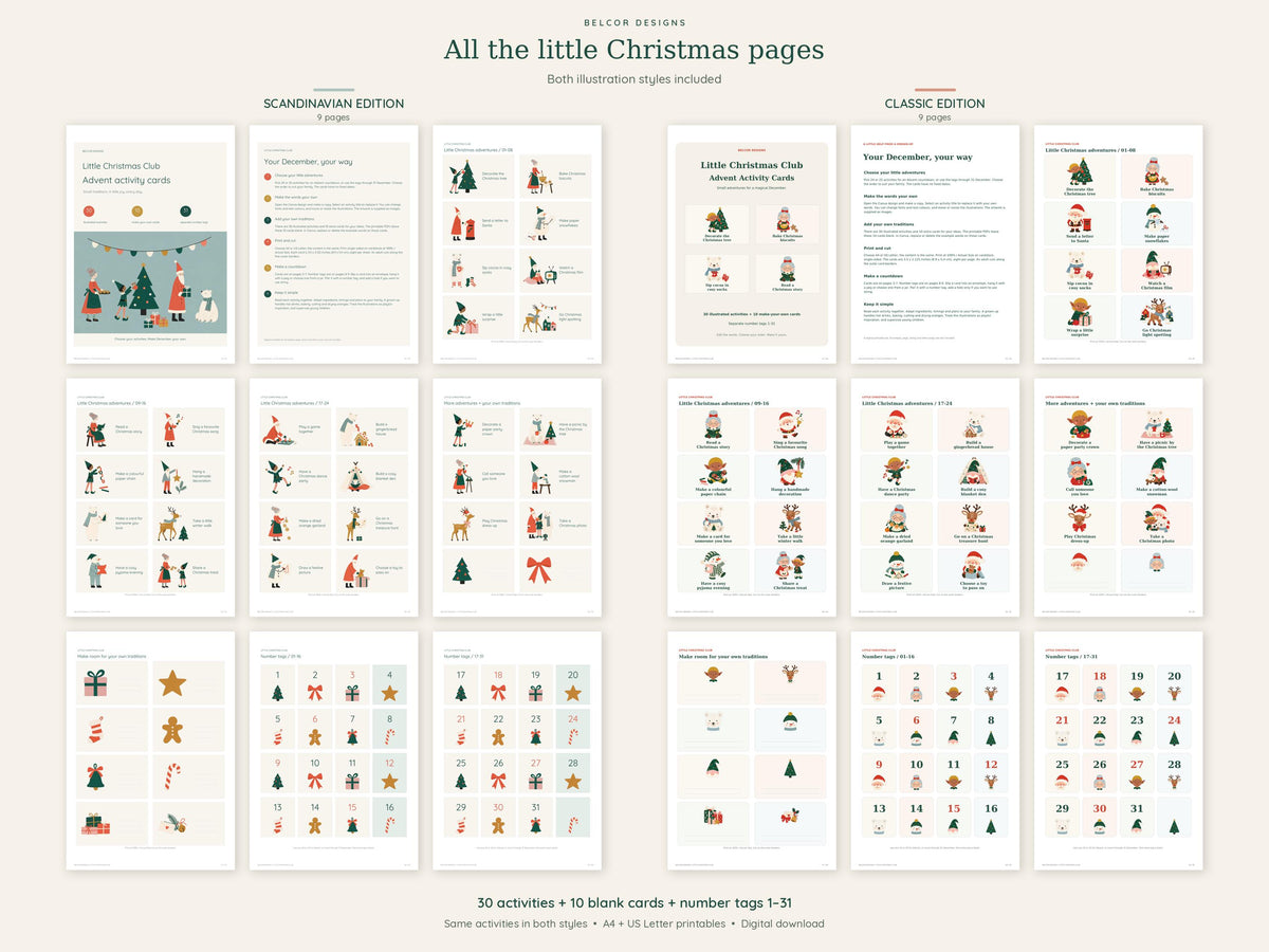 A digital download set titled All the little Christmas pages featuring Scandinavian and Classic edition advent activity cards. The collection includes thirty activity cards, ten blank cards, and number tags from one to thirty-one.