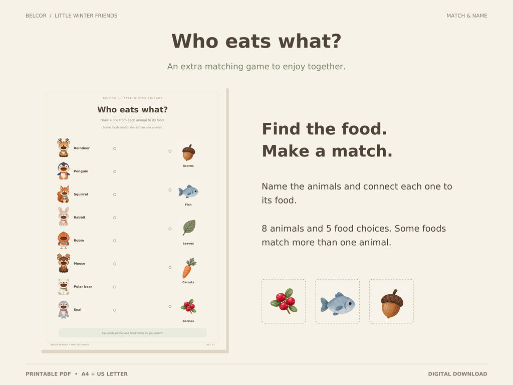 Who Eats What matching worksheet showing eight animals on the left and five food choices on the right, with space to connect matching pairs.