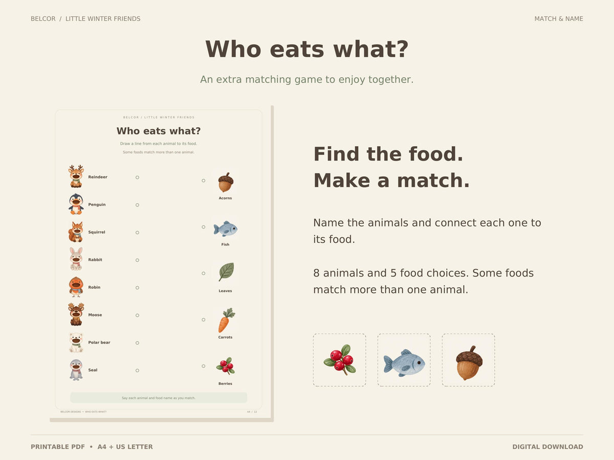 Who Eats What matching worksheet showing eight animals on the left and five food choices on the right, with space to connect matching pairs.