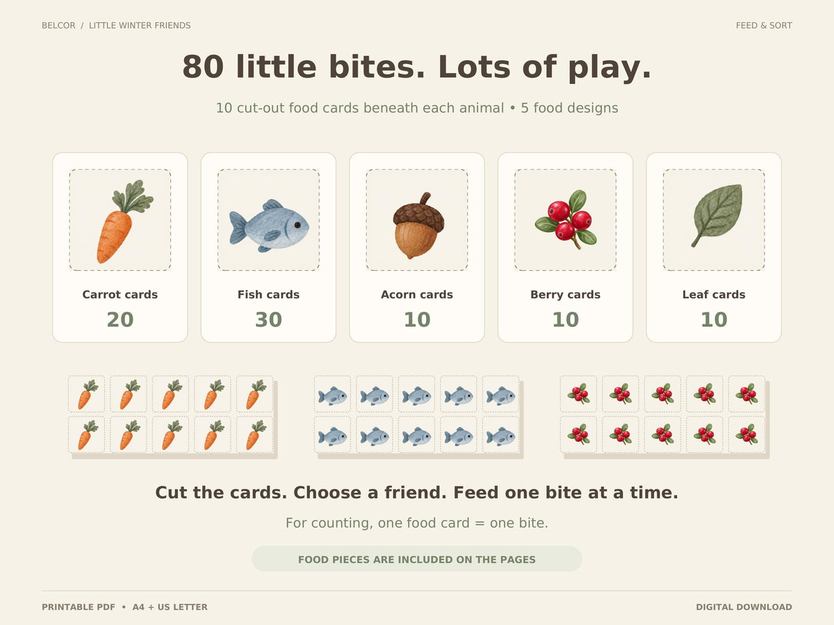 Five types of paper food cards: 20 carrot cards, 30 fish cards, 10 acorn cards, 10 woodland berry cards and 10 leaf cards, for 80 cards in total.