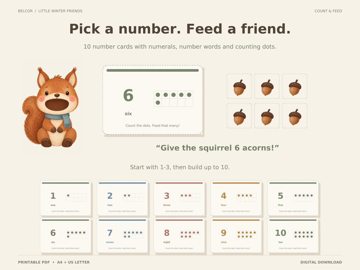 Counting activity with a squirrel, the number six card, six acorn cards, and all ten number cards with numerals, words and counting dots.