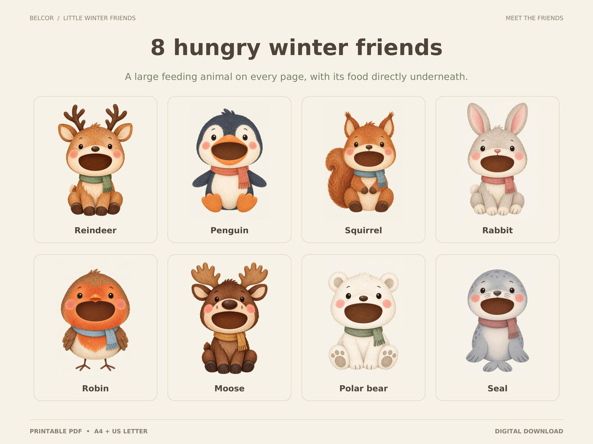 Eight illustrated winter animals included in the printable: reindeer, penguin, squirrel, rabbit, robin, moose, polar bear and seal.