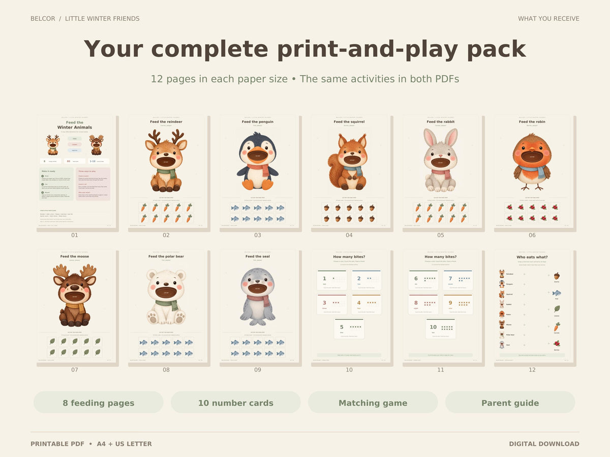 Overview of all 12 pages in the winter animal activity pack: parent guide, eight feeding pages, two number-card pages and one matching page.