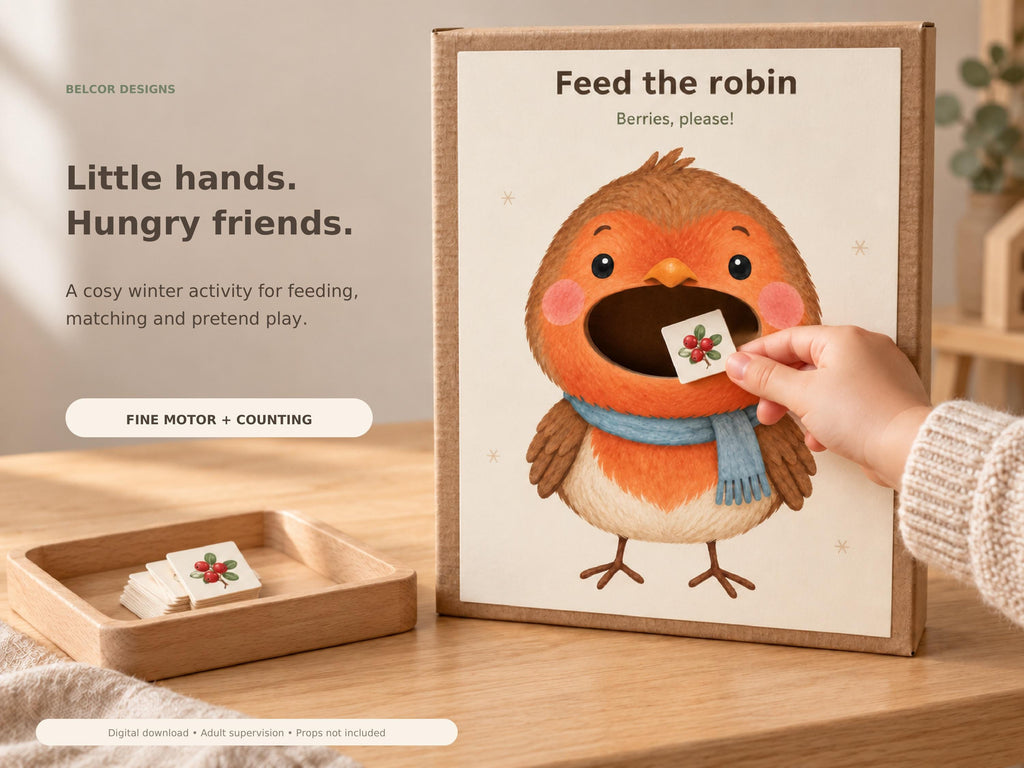 A child holds a small woodland berry card at the cut-out mouth of the robin feeding printable, mounted on a cardboard box beside a wooden tray of paper cards.
