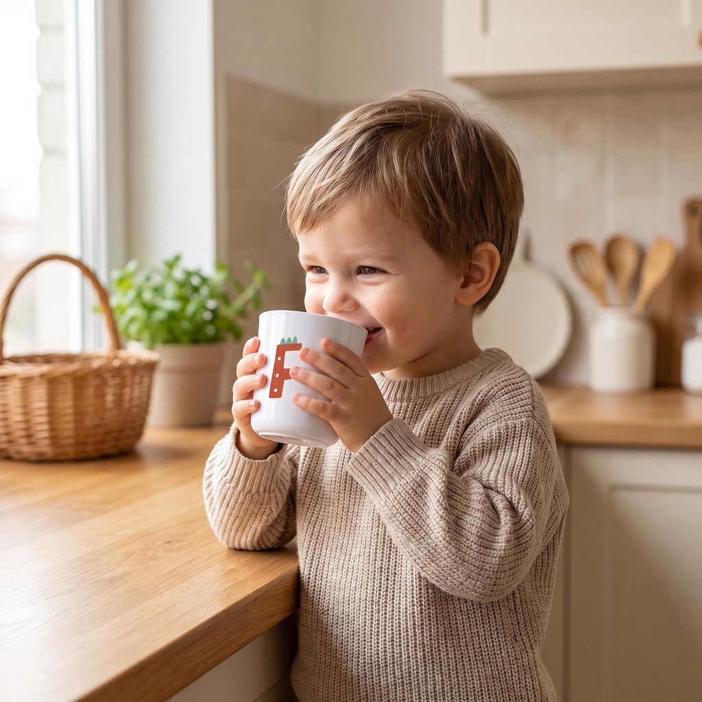 Toddler holding a lightweight personalised initial cup in a warm neutral Scandinavian kitchen.