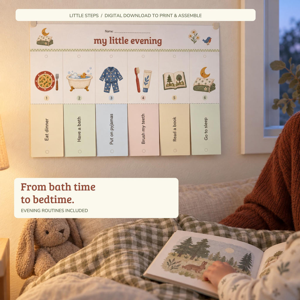 An evening routine chart titled my little evening hangs above a bed while a child reads a picture book next to a toy rabbit.
