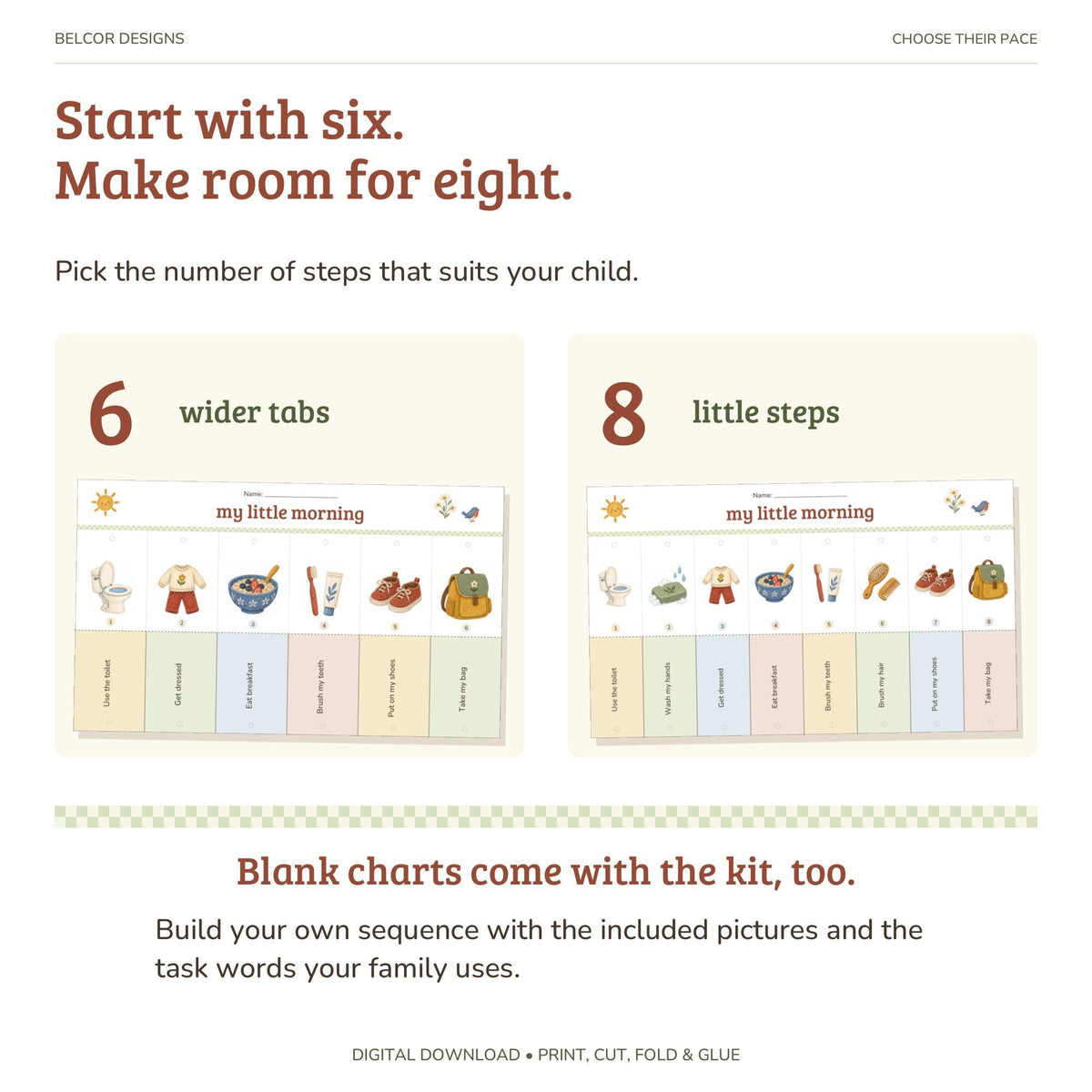 Two template options are displayed comparing a routine chart with six wider tabs versus eight little steps.