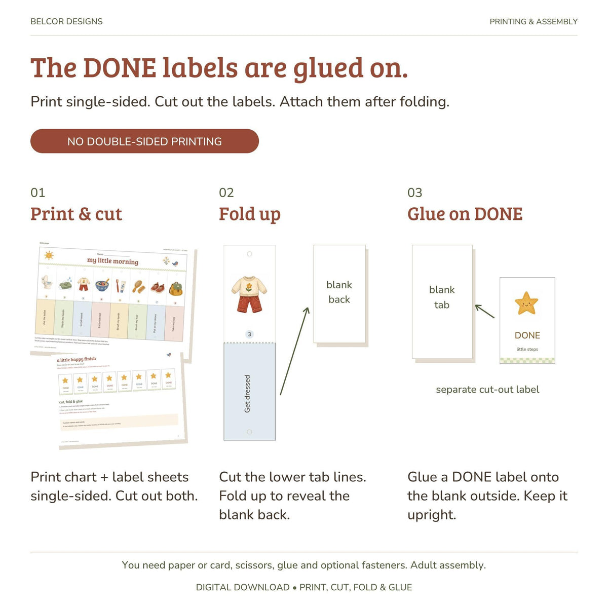 An instructional graphic explaining how to print, cut, fold, and glue the routine chart labels.