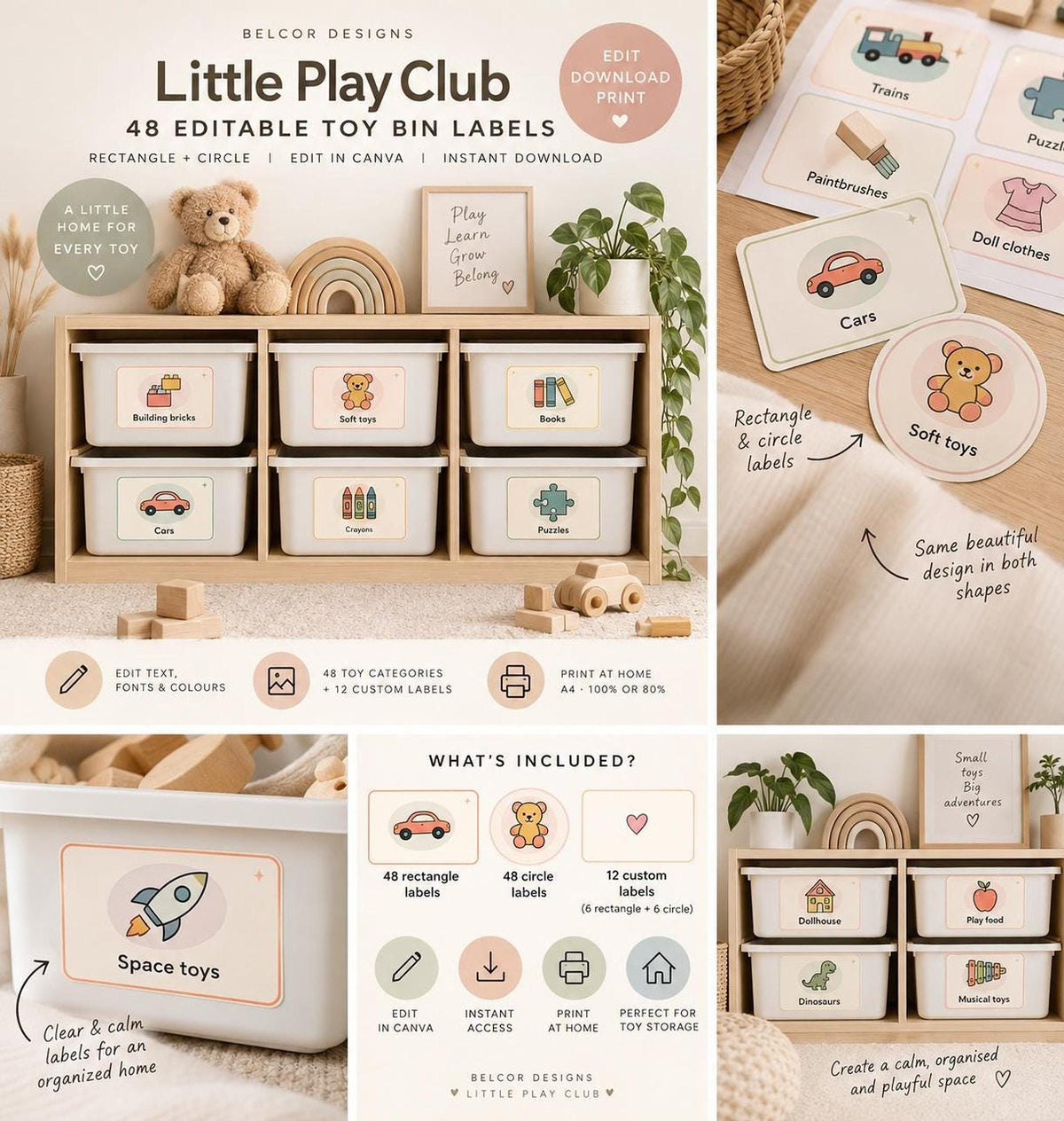 An advertisement collage showing editable toy bin labels on plastic bins and woven baskets with various toy categories.