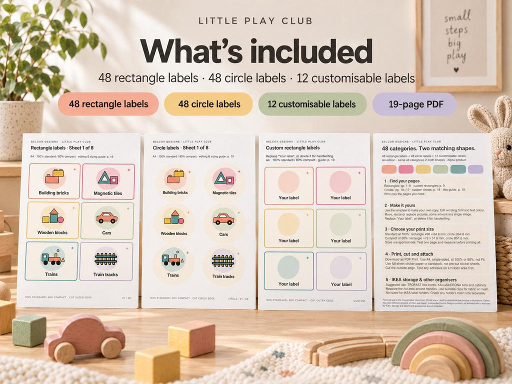 Four preview pages displaying rectangle labels, circle labels, custom labels, and printing instructions for toy organization.