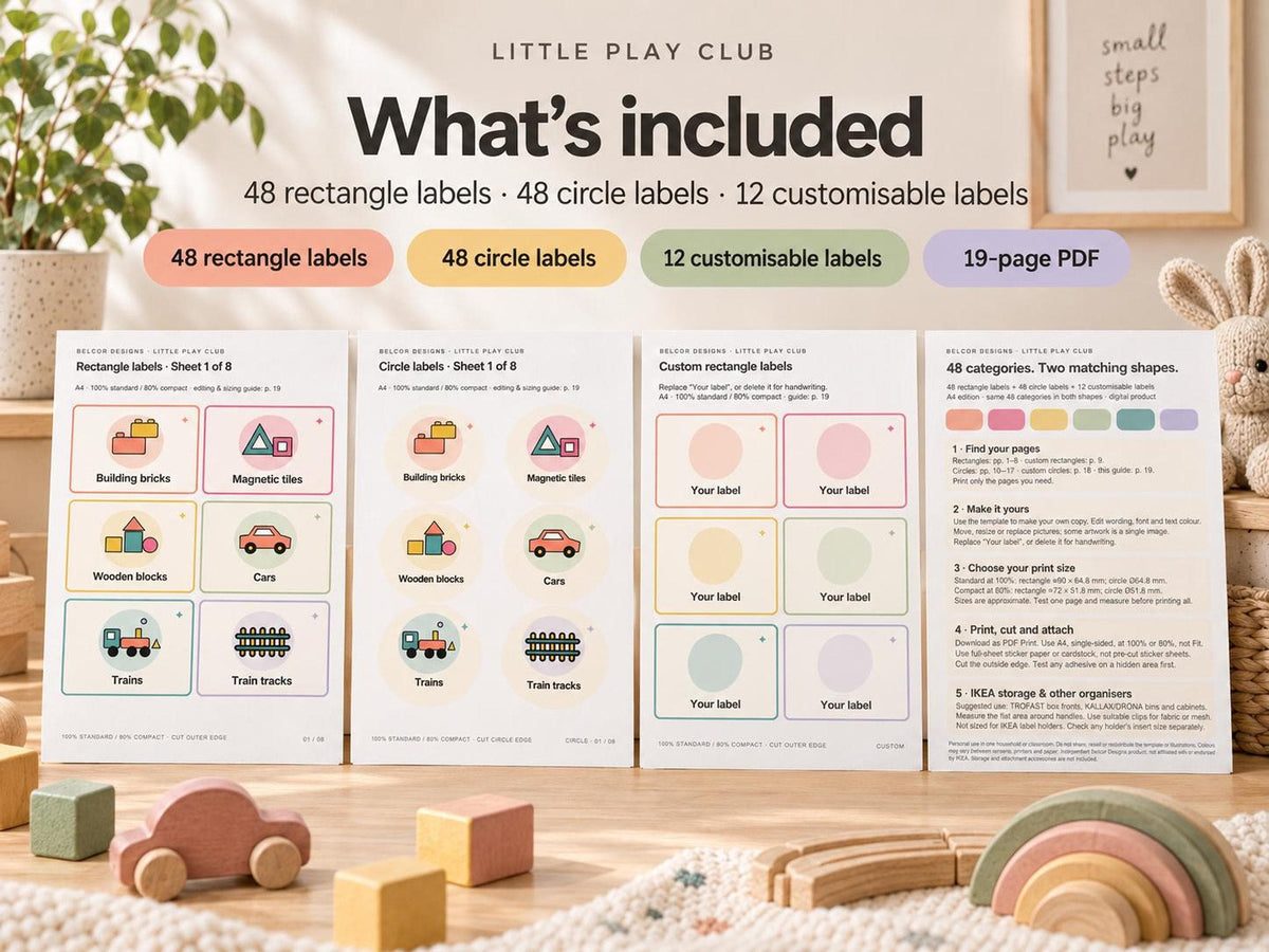 Four preview pages displaying rectangle labels, circle labels, custom labels, and printing instructions for toy organization.