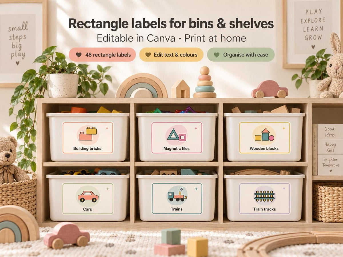 A wooden shelving unit holding white plastic toy storage bins with rectangle labels for building blocks, magnetic tiles, and other toys.