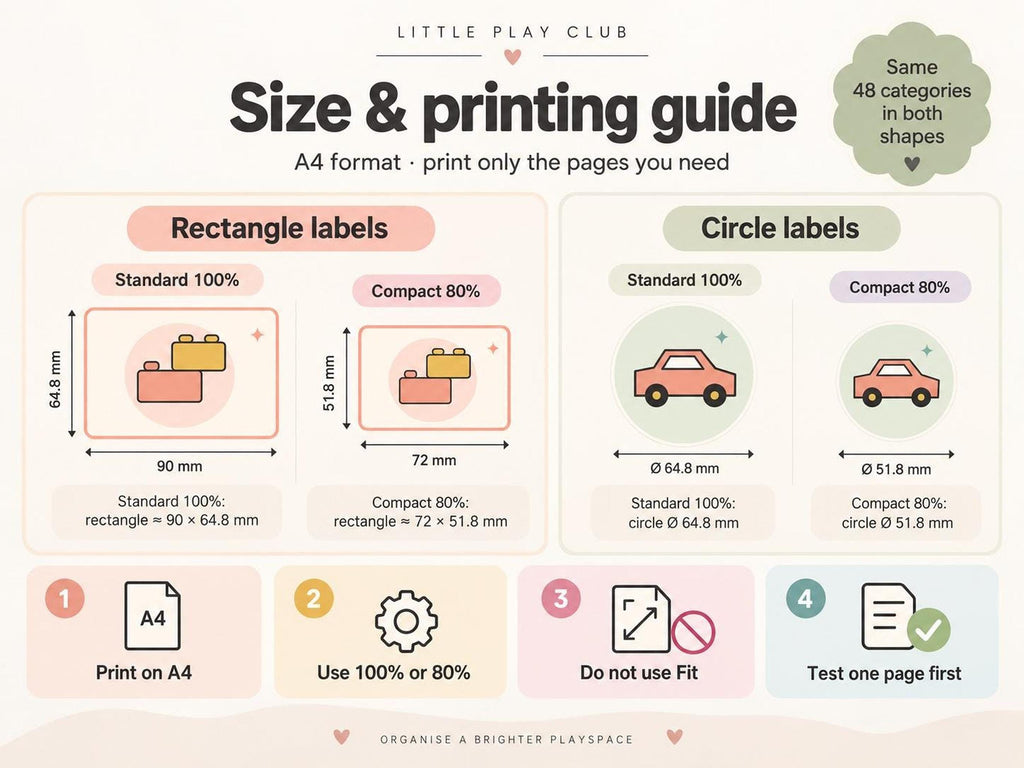 An informative size and printing guide detailing dimensions for standard and compact rectangle and circle labels.