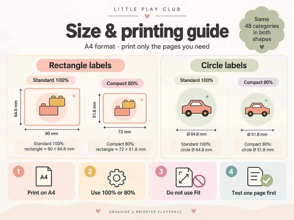 An informative size and printing guide detailing dimensions for standard and compact rectangle and circle labels.