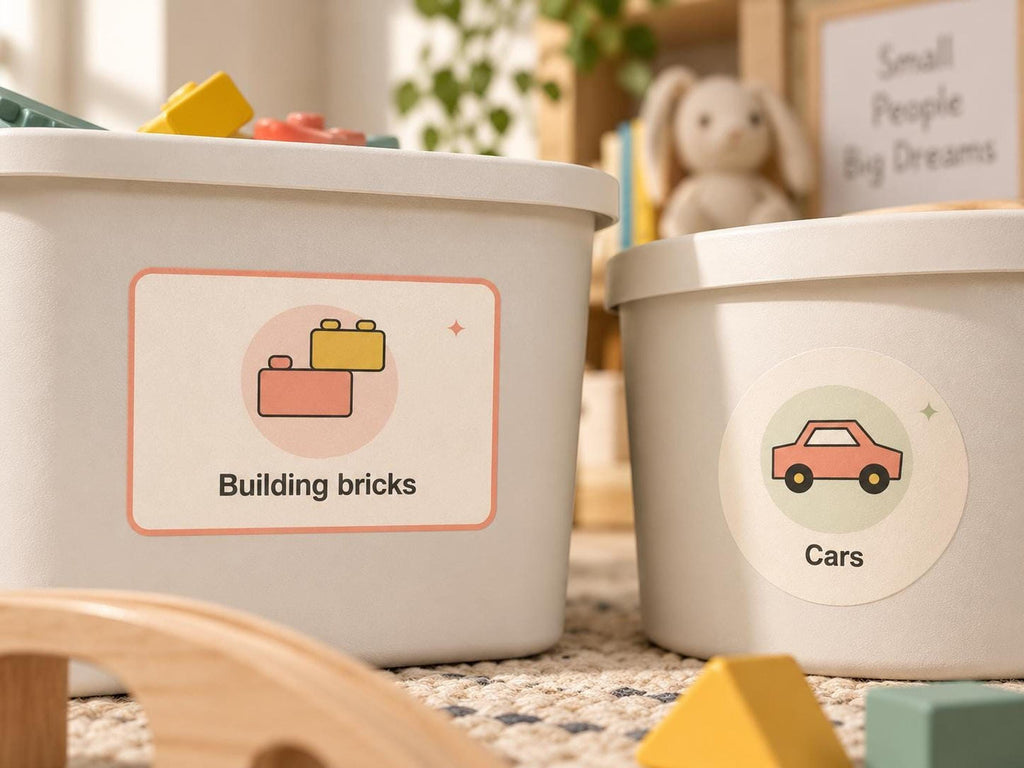 Close-up of two light gray storage containers with Building bricks and Cars labels attached to their fronts.
