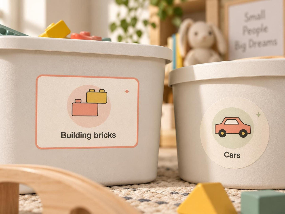 Close-up of two light gray storage containers with Building bricks and Cars labels attached to their fronts.