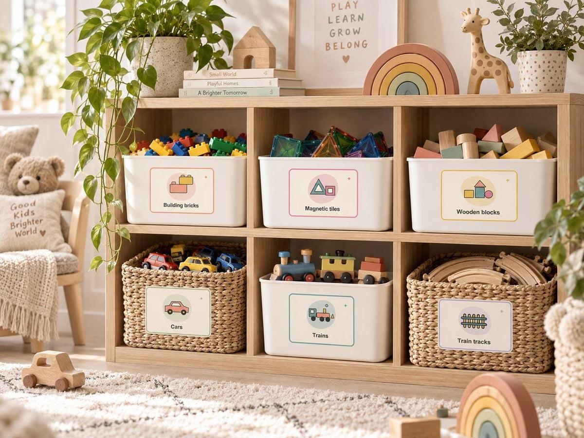 A brightly lit playroom shelving unit organized with white plastic bins and woven baskets bearing colorful toy labels.