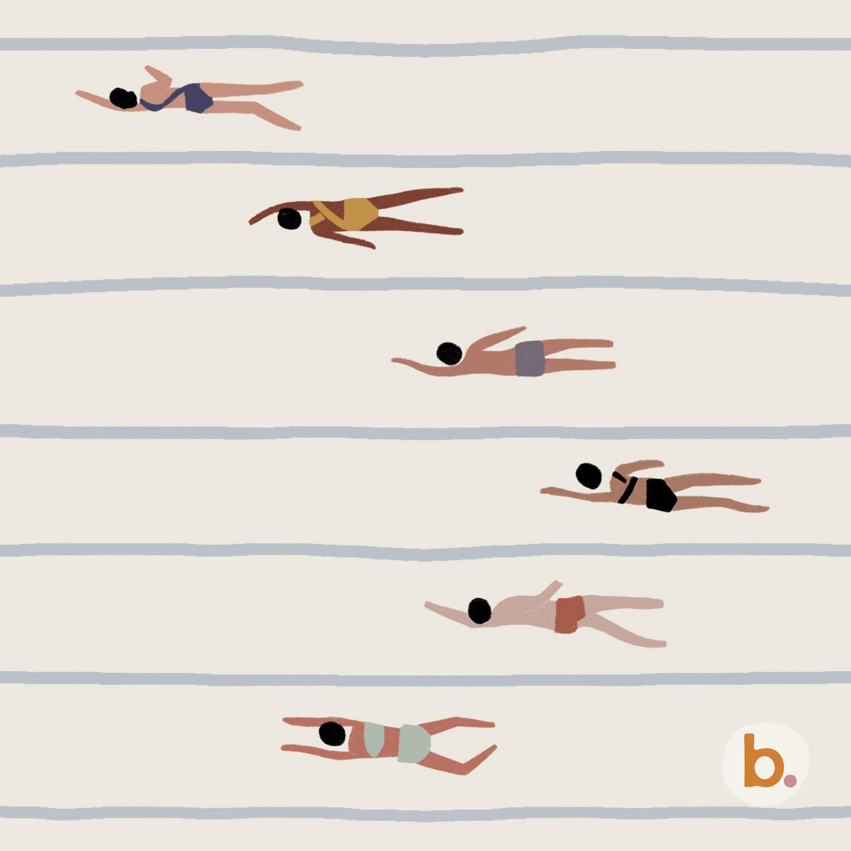 Digital pattern of stylized swimmers in lanes on a pale background with a logo in the corner.