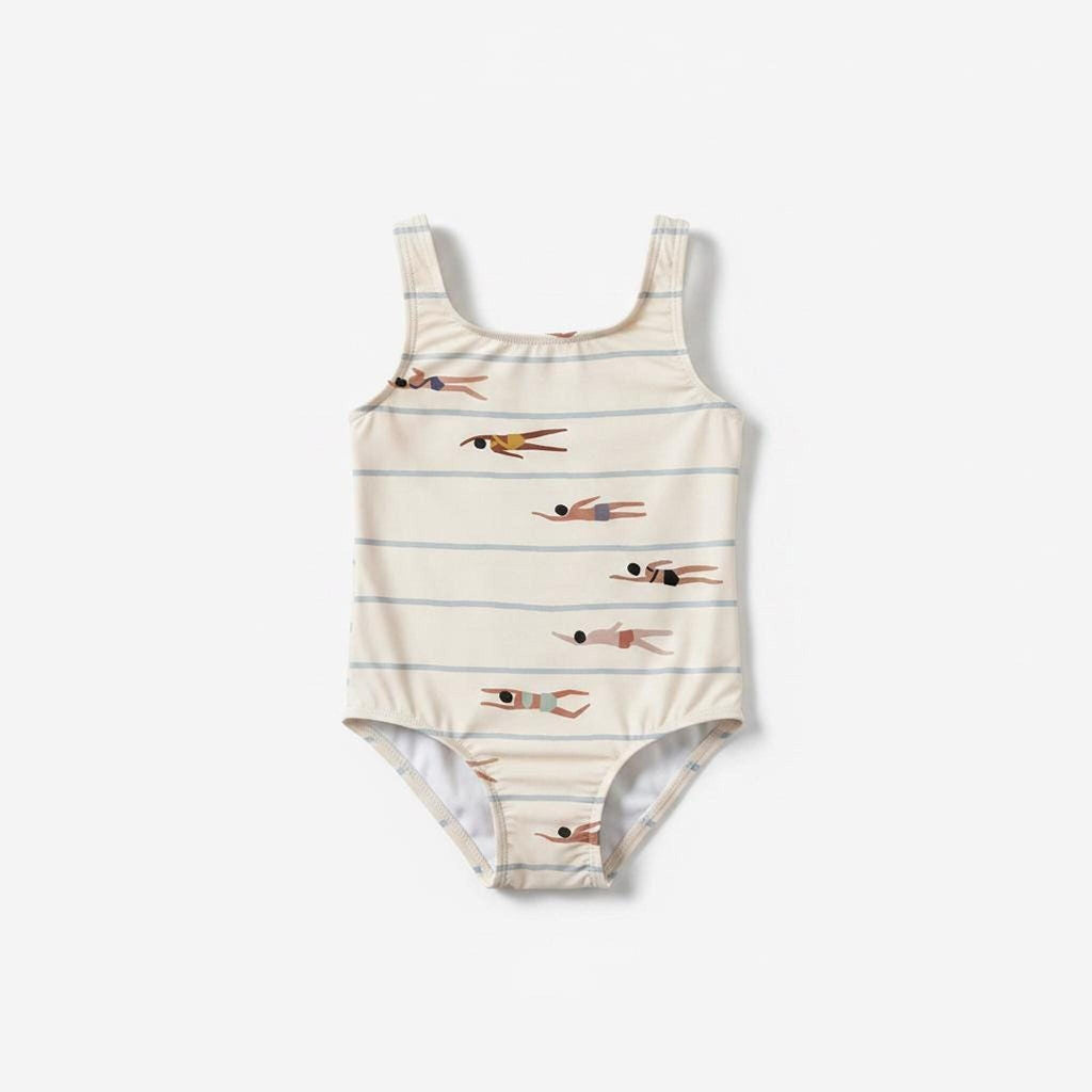A child's one-piece swimsuit with a minimalist pattern of swimmers between blue stripes.