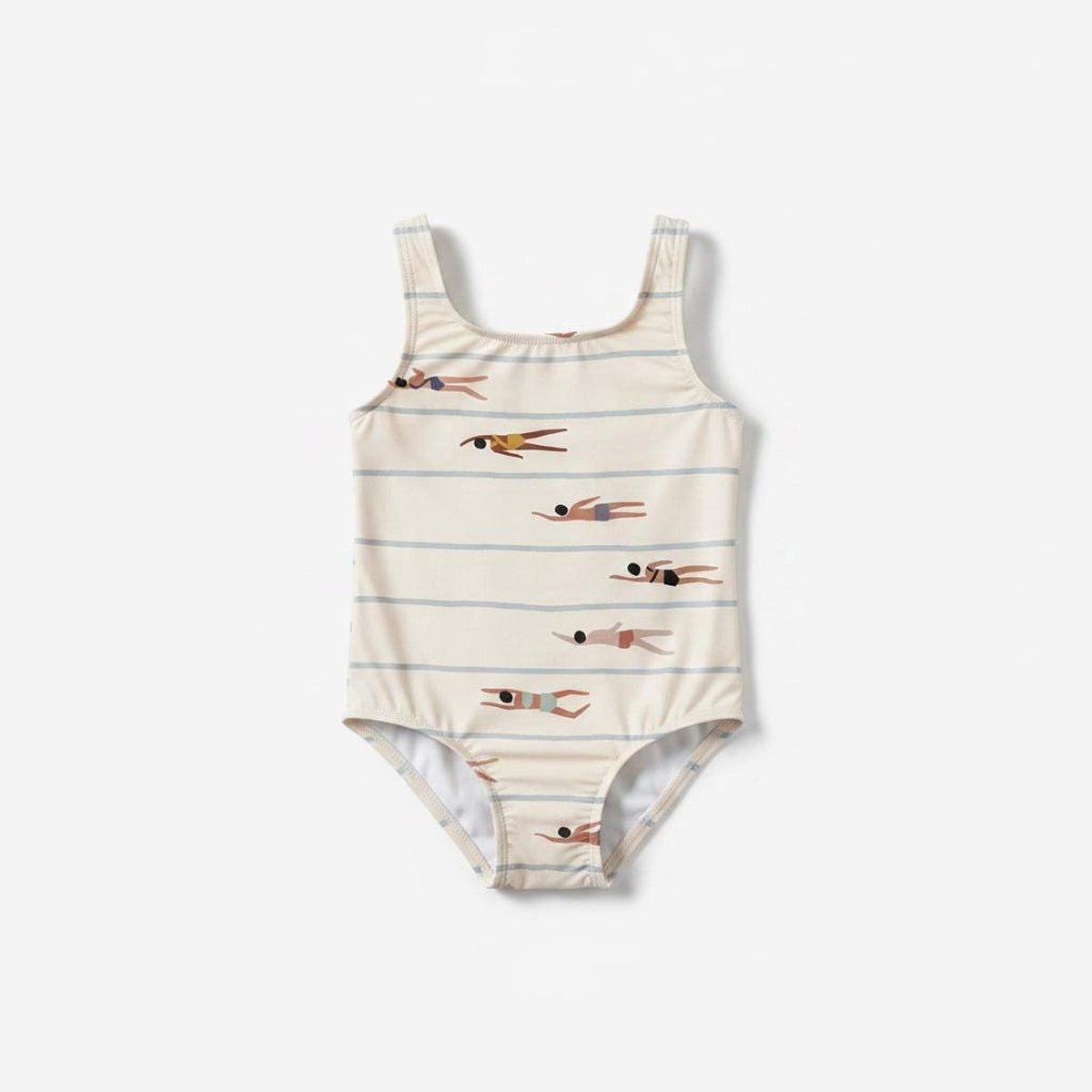 A child's one-piece swimsuit with a minimalist pattern of swimmers between blue stripes.