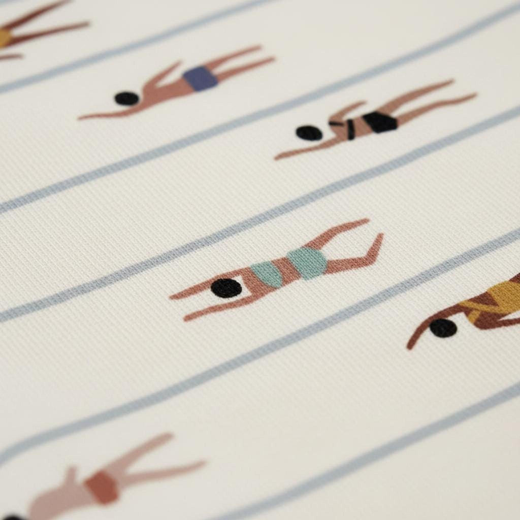 Detailed close-up showing the knit texture and swimmer motif of the patterned fabric.