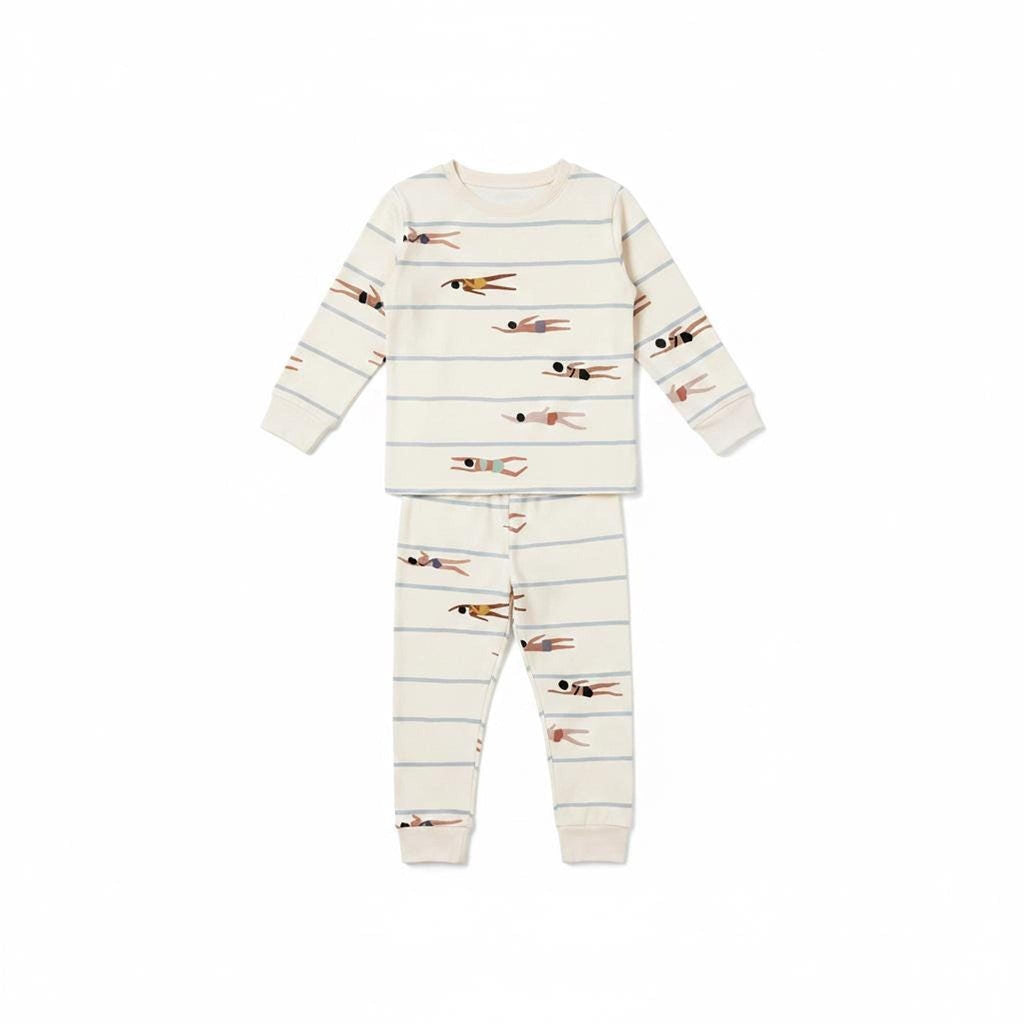 A long-sleeve pajama set with top and bottoms featuring the all-over swimmer pattern.