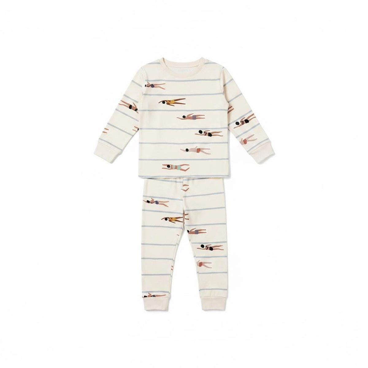 A long-sleeve pajama set with top and bottoms featuring the all-over swimmer pattern.