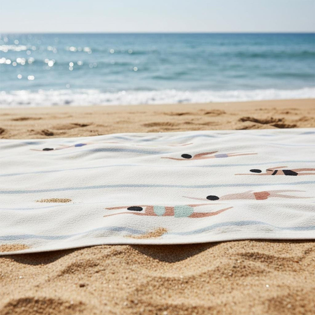 A towel with the swimmer pattern spread out on a sandy beach with the ocean in the background.