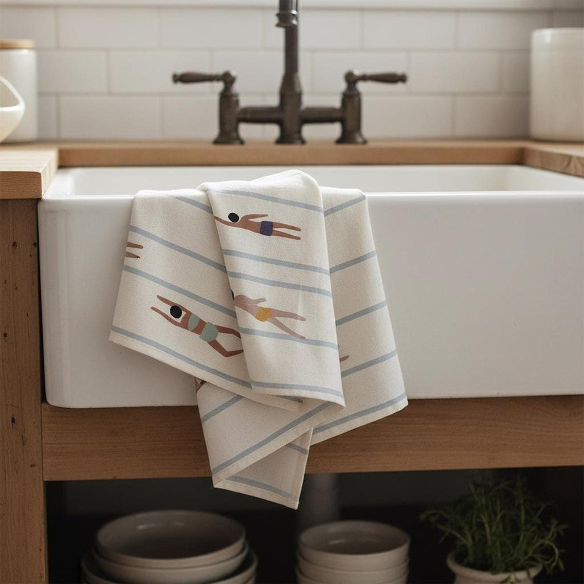 A patterned tea towel draped over the edge of a white farmhouse sink in a kitchen.