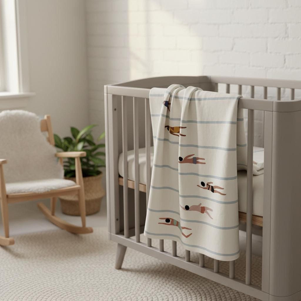 A blanket featuring the swimmer pattern draped over the railing of a grey wooden crib.