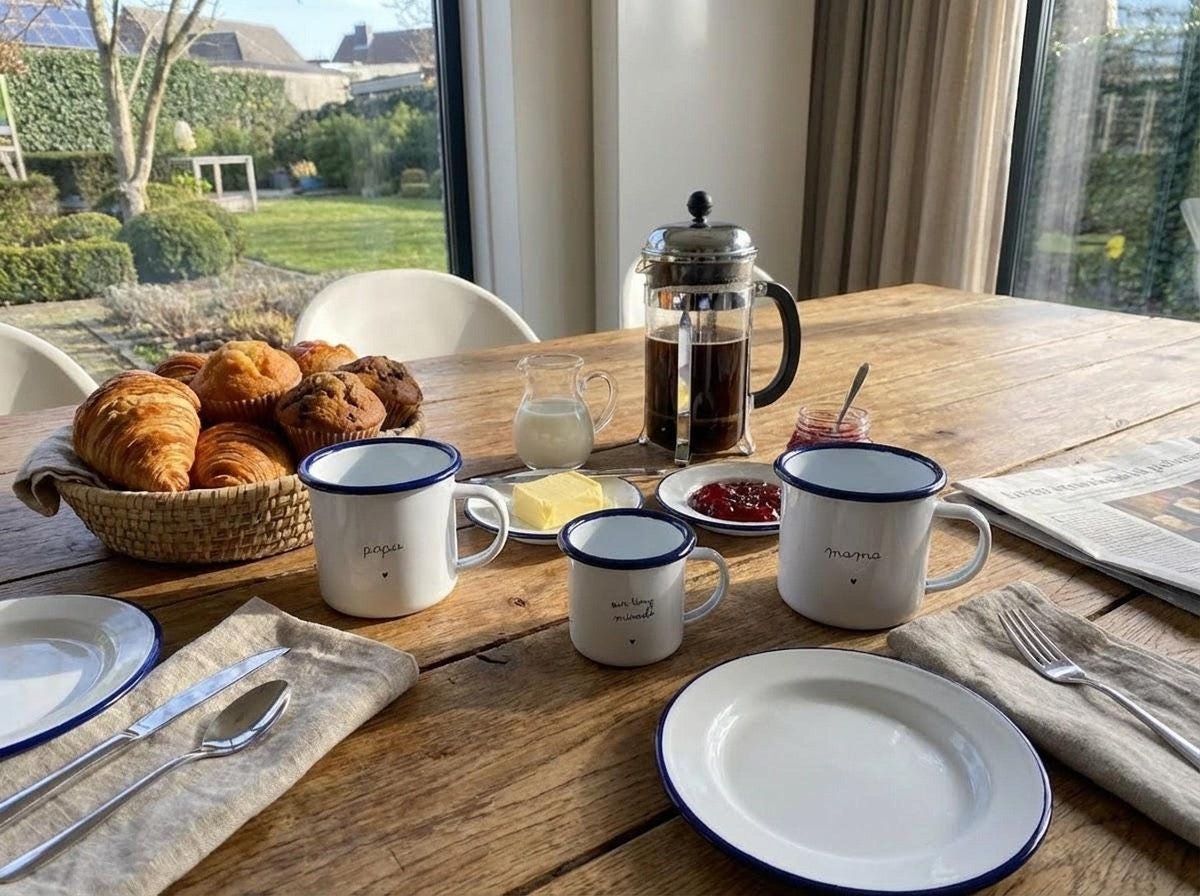 A breakfast table spread with croissants in a basket, french press, plates, cutlery, and three matching enamel mugs reading papa, our tiny miracle, and mama.