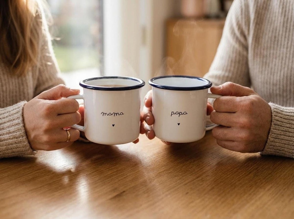 A man and a woman sitting at a wooden table holding steaming white enamel mugs labeled mama and papa.