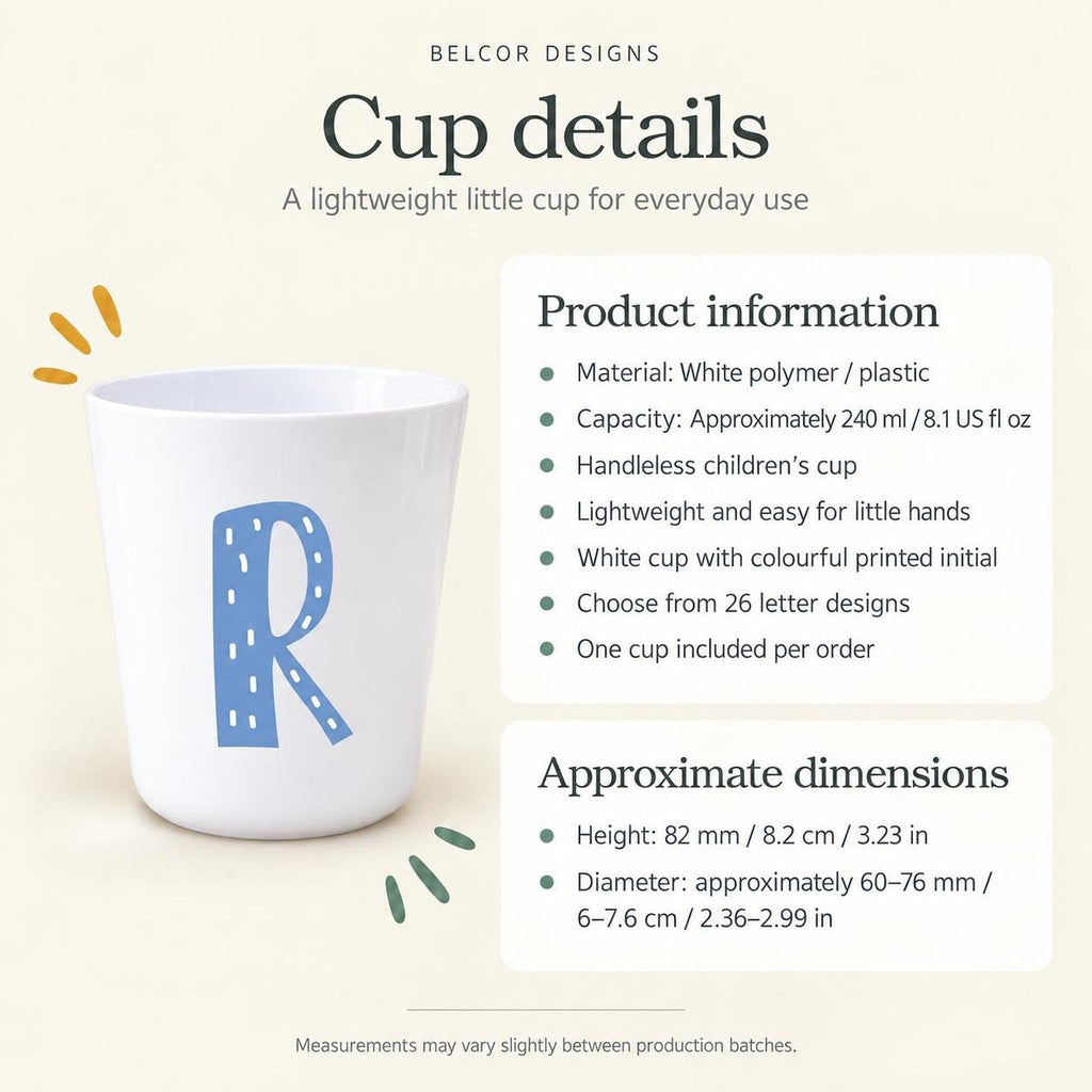 White 240 ml kids drinking cup showing cup size, handleless shape and colourful personalised initial print.
