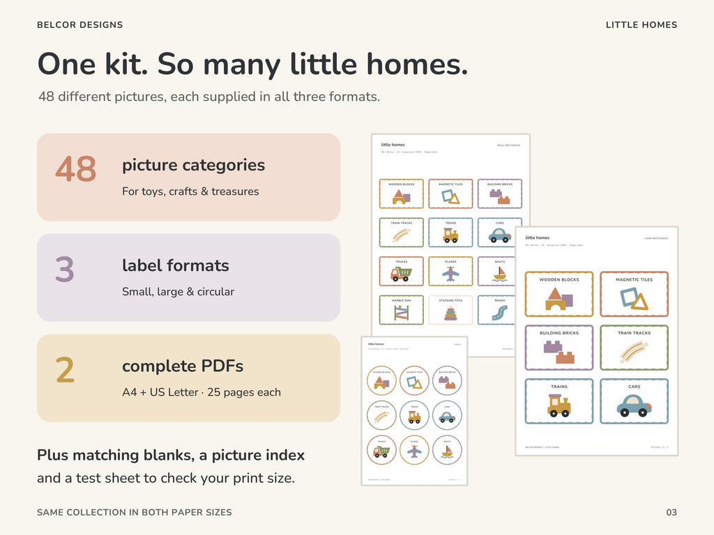 Kit contents: 48 unique picture categories in three label formats, two 25-page PDFs for A4 and US Letter, matching blanks, a picture index and a printer test sheet.