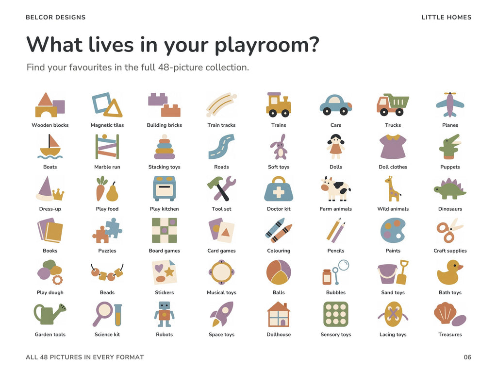 All 48 included pictures and English category names, covering building toys, vehicles, pretend play, crafts, books, sensory toys and treasures.