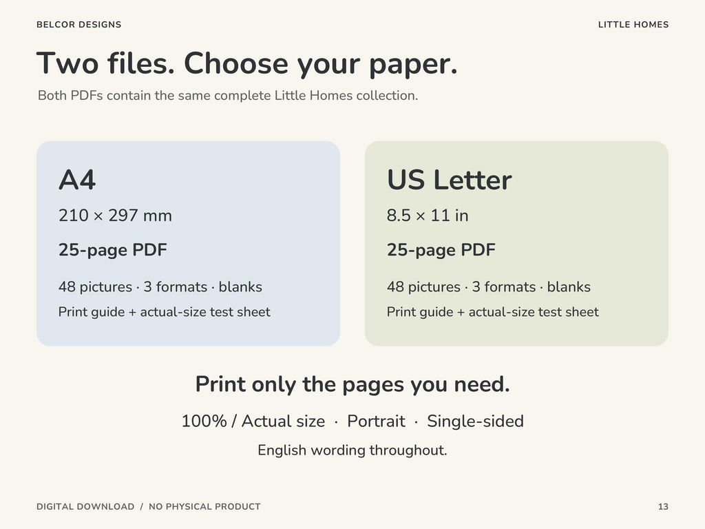 A4 and US Letter download options, each containing the same complete 25-page printable kit. Print portrait, single-sided and at actual size.