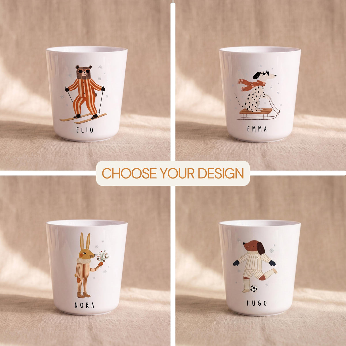 A four-panel grid showing different white children's cups with illustrations of a bear skiing, a dalmatian on a sled, a rabbit holding pine sprigs, and a dog playing soccer.