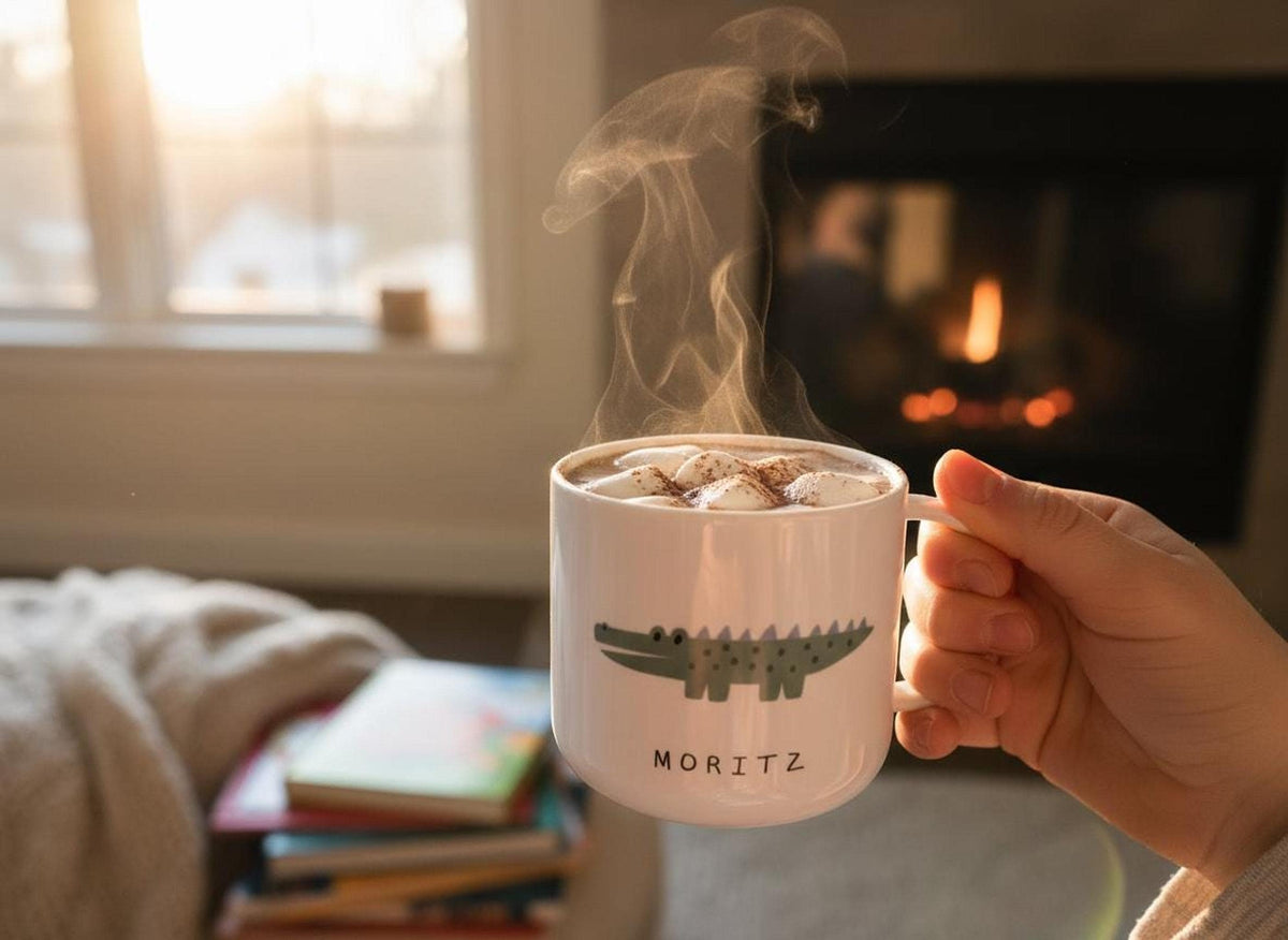 A hand holds a steaming white mug with a crocodile illustration and the name Moritz, with a stack of children's books and a fireplace in the background.