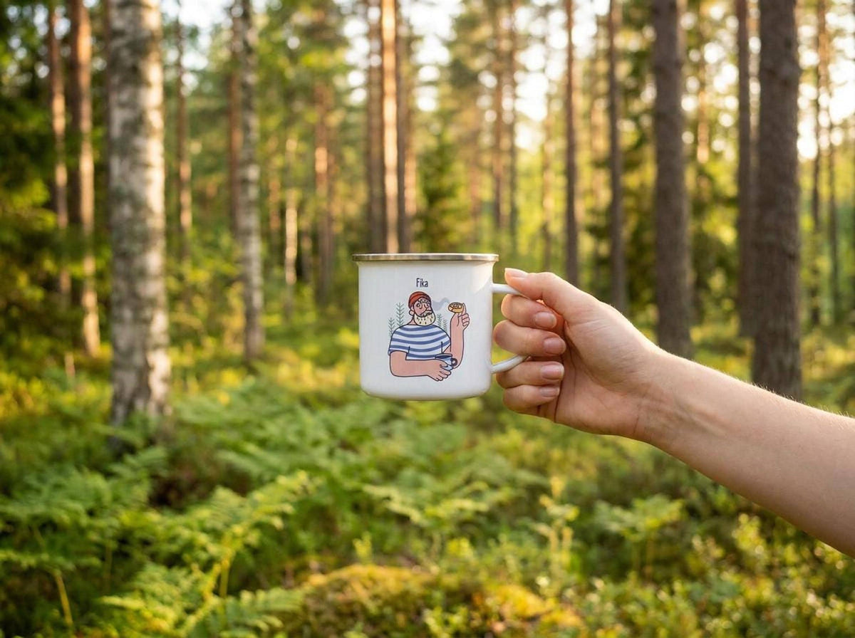A person holds the white enamel Fika mug up against a backdrop of a green forest with tall trees.
