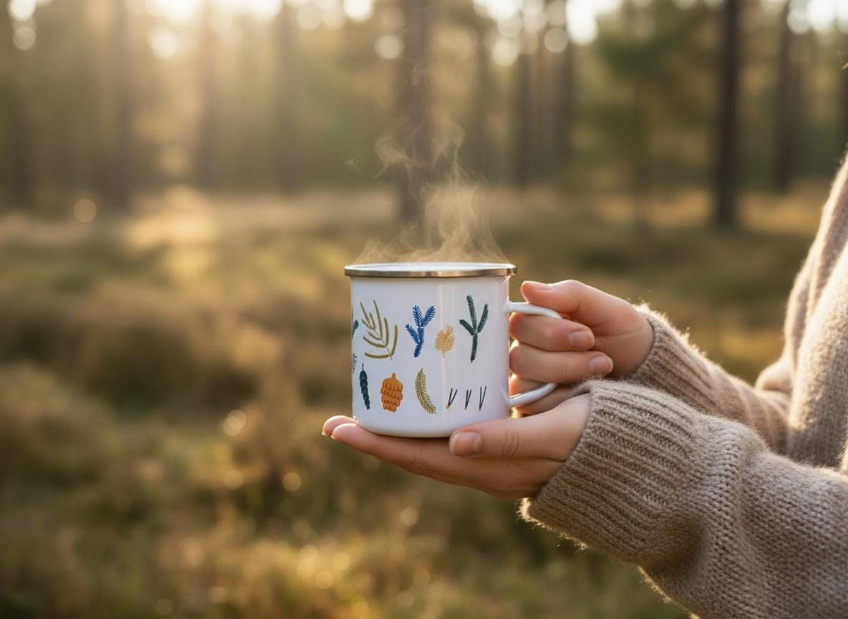 A person holding a steaming white enamel mug with both hands in a sunlit forest.