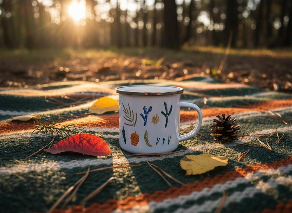 The botanical mug sits on a green and orange patterned blanket on the ground with fallen leaves and a pine cone.