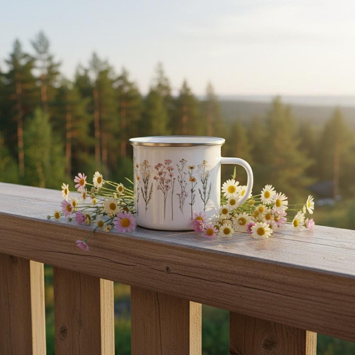 The floral camping mug sits on a wooden railing outside, surrounded by fresh daisies with a blurred forest backdrop.