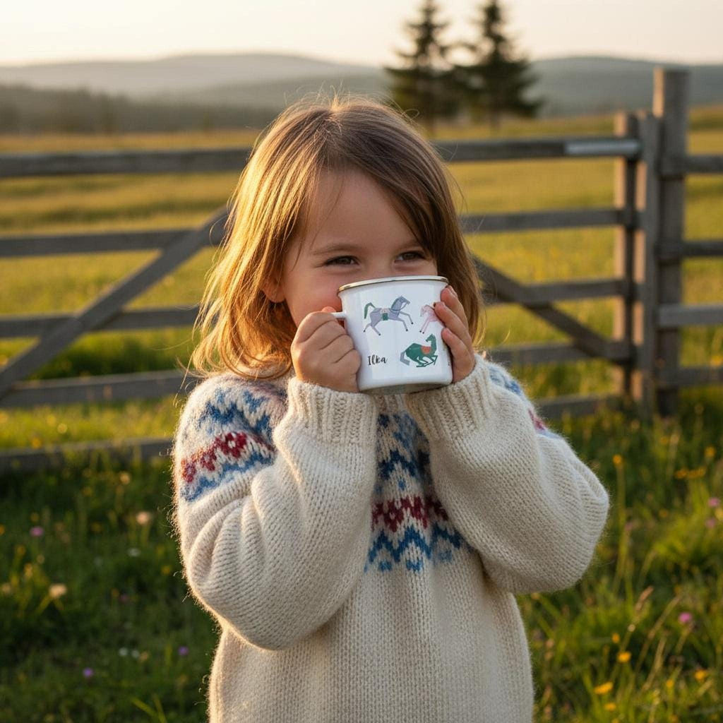 A young girl in a patterned wool sweater drinks from a small white enamel mug outdoors near a wooden fence and grassy field.