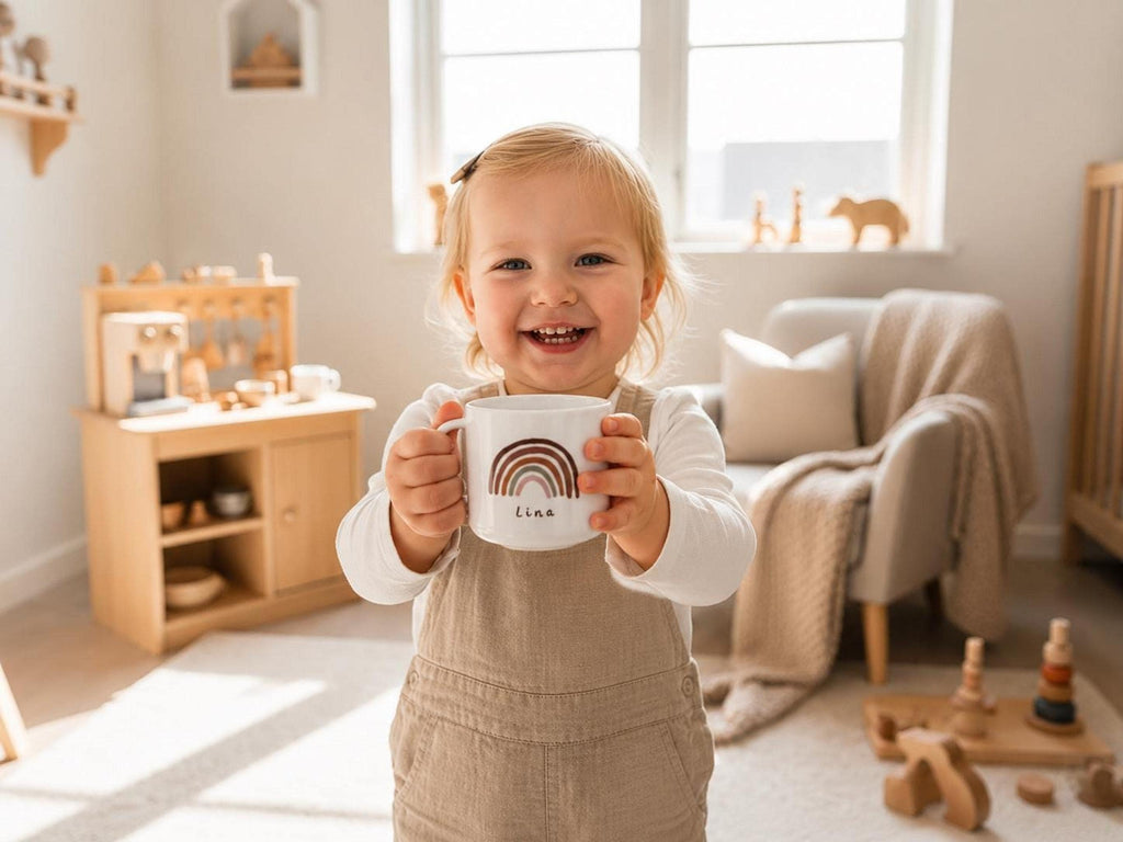 A smiling toddler wearing overalls holds out a custom white mug with a rainbow and the name Lina in a playroom.