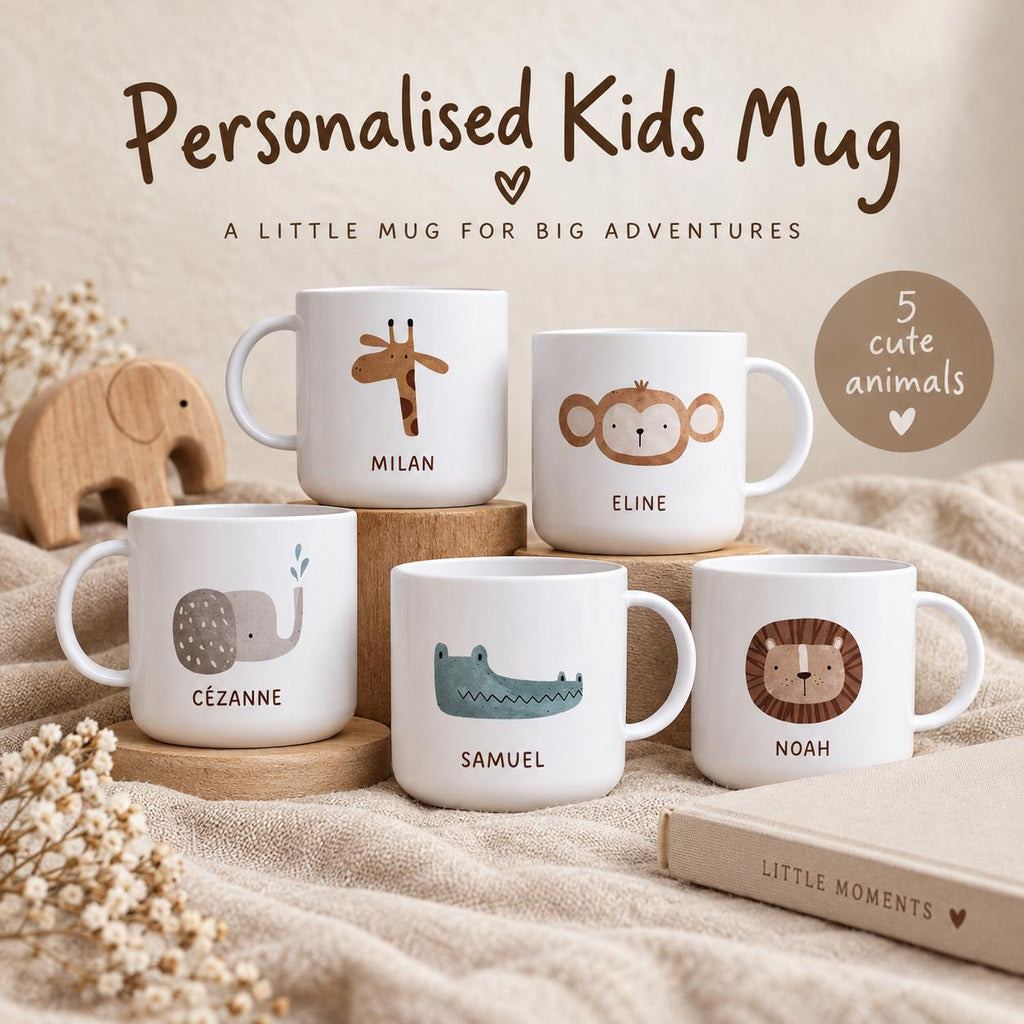 Five white kids cups featuring illustrations of a giraffe, monkey, elephant, crocodile, and lion. Each cup displays a unique name: Milan, Eline, Cézanne, Samuel, and Noah. The text Personalised Kids Cup and A Little Cup For Big Adventures is visible.