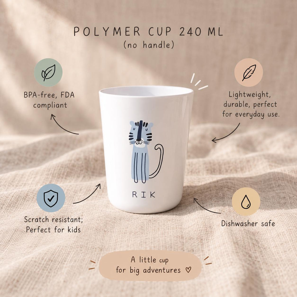 A white polymer cup with a 240 ml capacity and no handle. The cup features a blue tiger illustration and the name RIK printed in black. Text on the image includes BPA-free, FDA compliant, lightweight, durable, scratch resistant, dishwasher safe, and A little cup for big adventures.